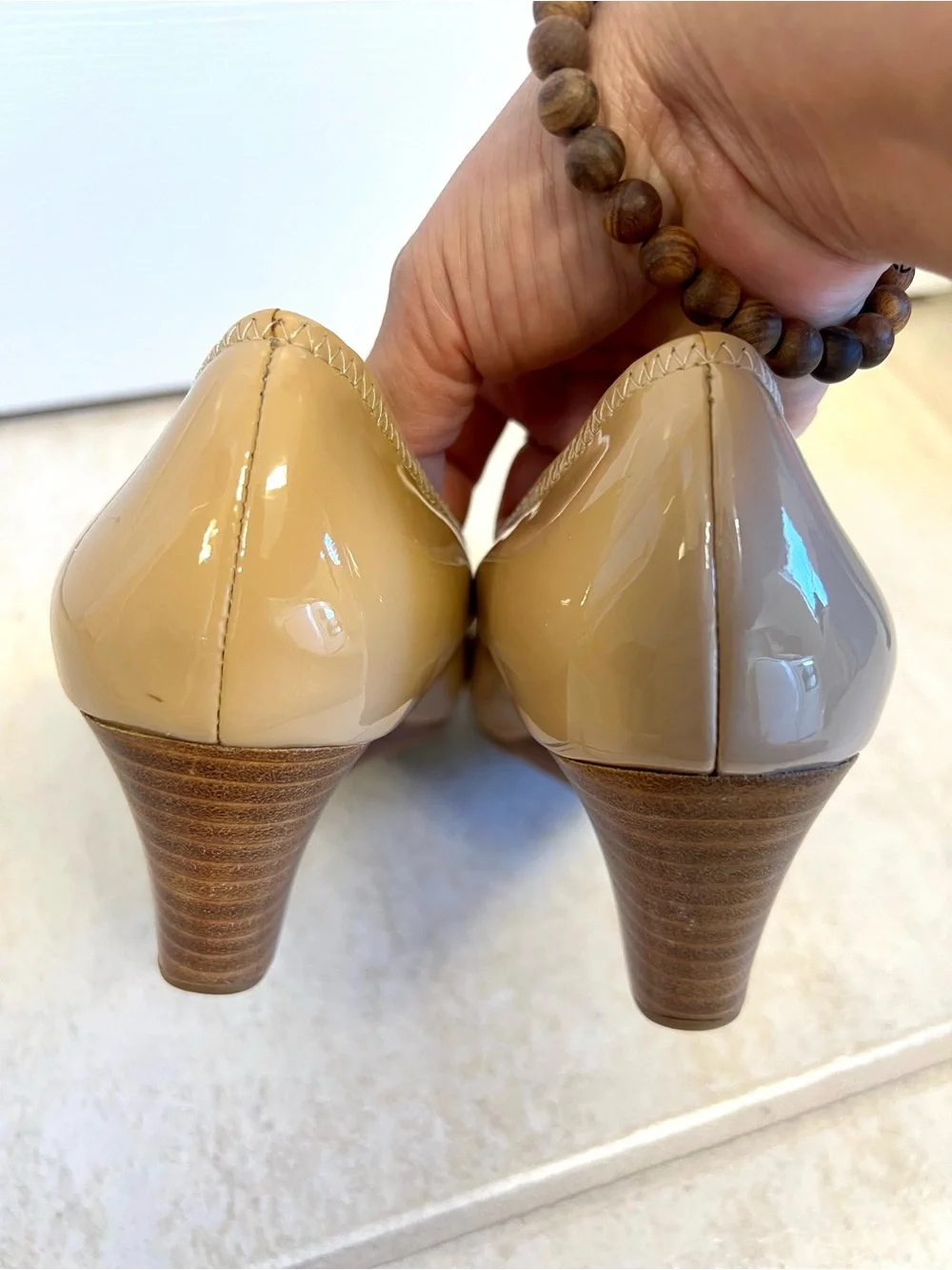 Cole Haan Grand.OS Patent Leather Nude Beige Wedge Pumps Almond Toe Women’s 7B